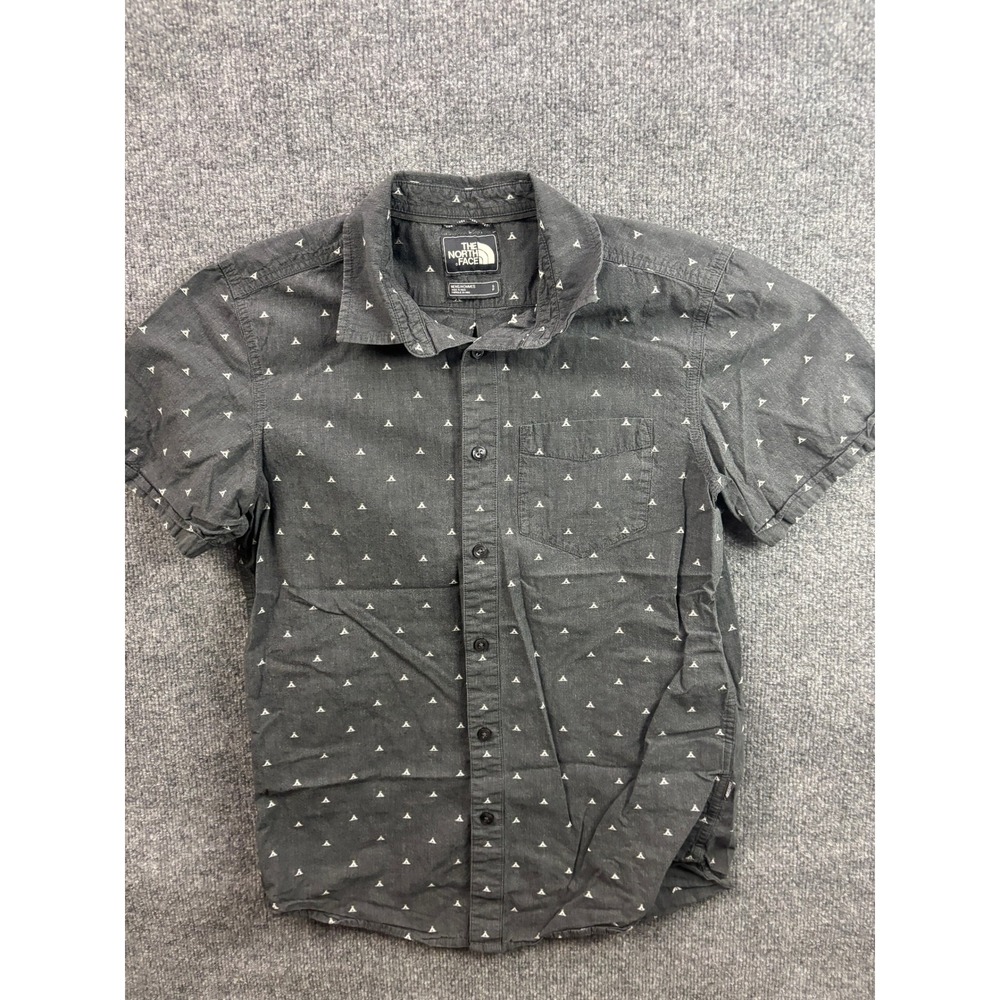 The North Face Button Up Shirt Mens Small Gray Teepee Print‎ Short Sleeve
